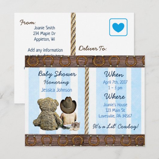 Lil Cowboy Boy and Teddy Bear Baby shower Inv Uitnodiging Briefkaart (Voorkant / Achterkant)