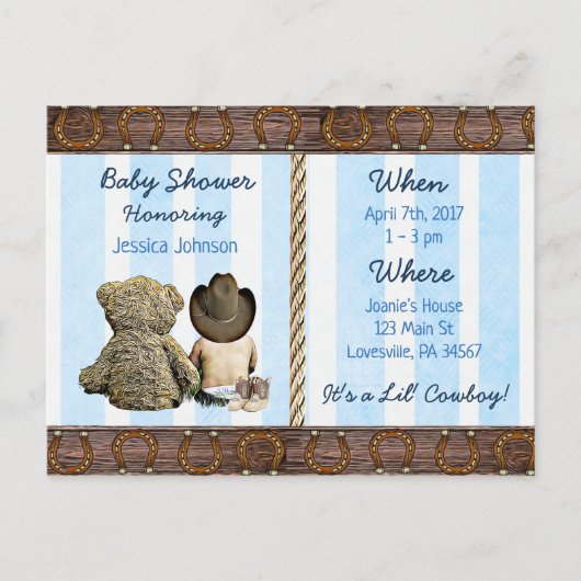 Lil Cowboy Boy and Teddy Bear Baby shower Inv Uitnodiging Briefkaart (Voorkant)