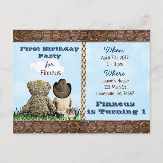 Lil Cowboy en Teddy Bear Eerste Verjaardag Uitnodi Uitnodiging Briefkaart (Voorkant)