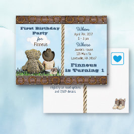 Lil Cowboy en Teddy Bear Eerste Verjaardag Uitnodi Uitnodiging Briefkaart