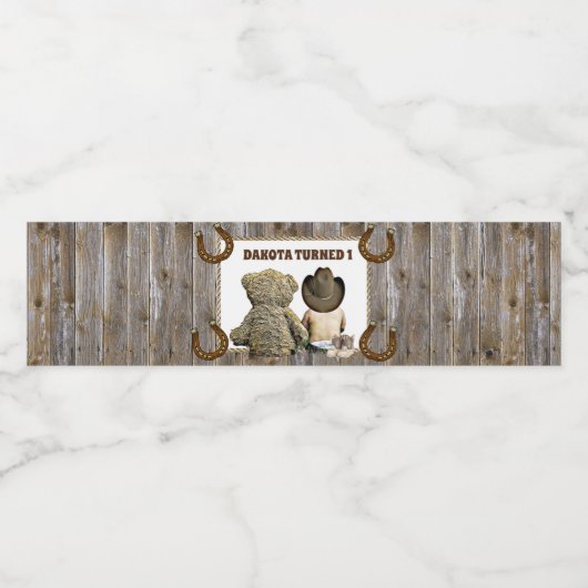 Lil' Cowboy en Teddy Bear Eerste Verjaardag Waterfles Etiket (Enkel label)