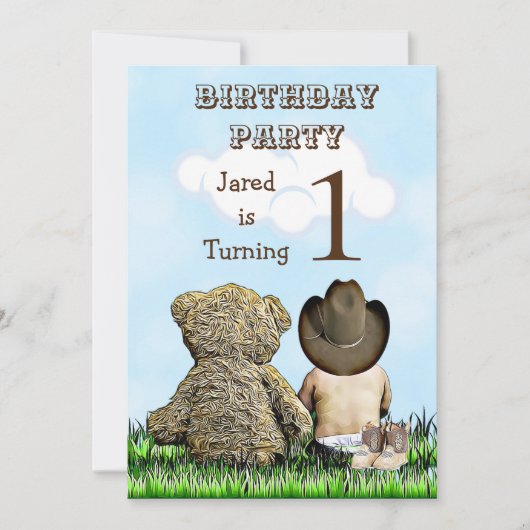 Lil' Cowboy en Teddy Bear Eerste Verjaardagsfeestj Kaart (Voorkant)