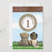 Lil' Cowboy en Teddy Bear Eerste Verjaardagsfeestj Kaart (Voorkant)