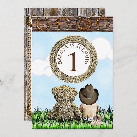 Lil' Cowboy en Teddy Bear Eerste Verjaardagsfeestj Kaart (Voorkant / Achterkant)