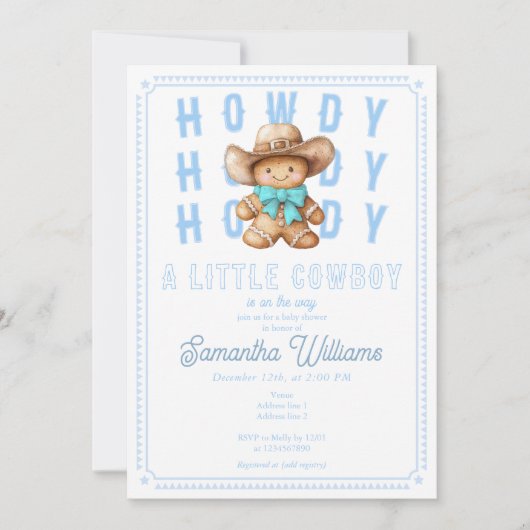 'Lil Cowboy Gingerbread Christmas Blue Baby shower Kaart (Voorkant)