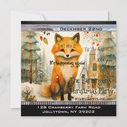 Lil Fox Zittend in Sneeuw Kerstfeest Kaart (Voorkant)