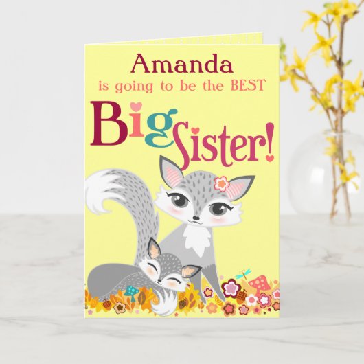Lil Foxies Big Sister - Aangepast Wenskaart Kaart (Gele Bloem)