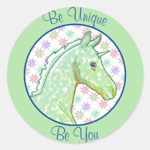 Lil Green Palomino Unicorn (roze/blauw) Ronde Sticker
