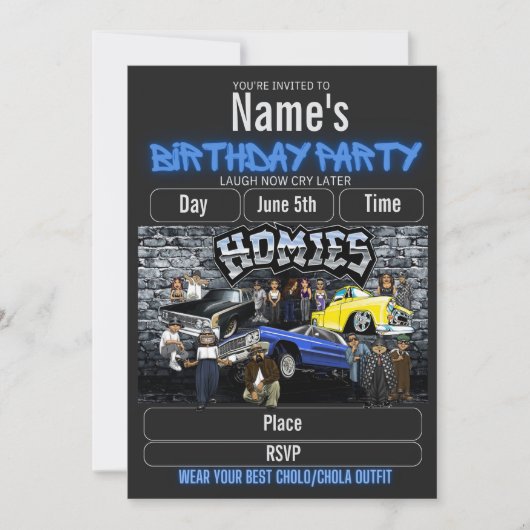 Lil Homies Birthday Invitation, Cholo 90s Theme  Kaart (Voorkant)