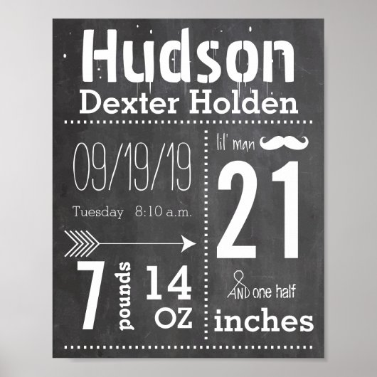 Lil Man Mustache Chalkboard Boy Baby Stat Arrow Poster (Voorkant)