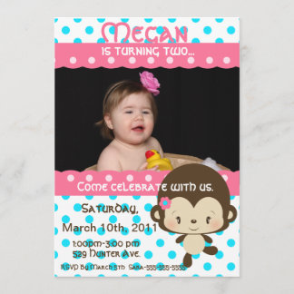 Lil Miss Monkey Birthday Uitnodiging-Roze-Blauw Kaart