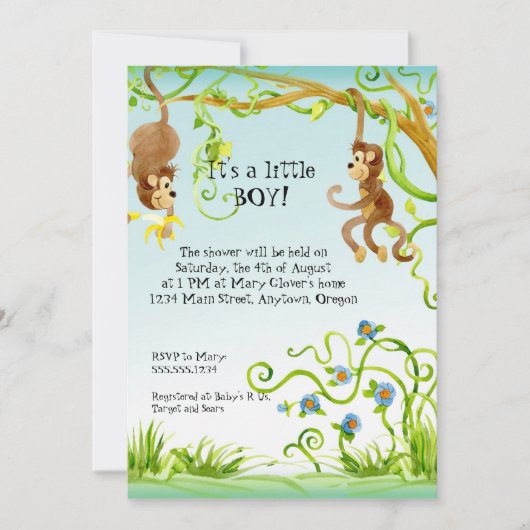 Lil Monkey, Boy Baby shower Uitnodiging (Voorkant)
