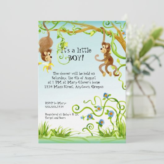 Lil Monkey, Boy Baby shower Uitnodiging (Staand voorkant)