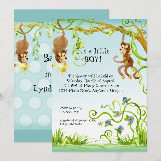 Lil Monkey, Boy Baby shower Uitnodiging (Voorkant / Achterkant)