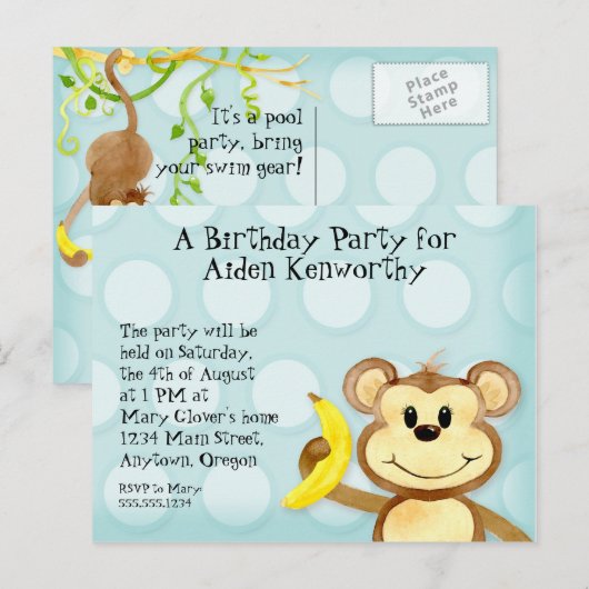 Lil Monkey, Boy Verjaardagsfeest Post Kaart Uitnod (Voorkant / Achterkant)