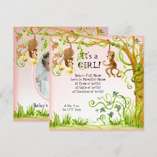 Lil Monkey, Geboorteaankondiging Meisje Kaart (Voorkant / Achterkant)