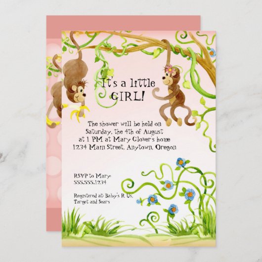 Lil Monkey, Meisje Baby shower Uitnodiging (Voorkant / Achterkant)
