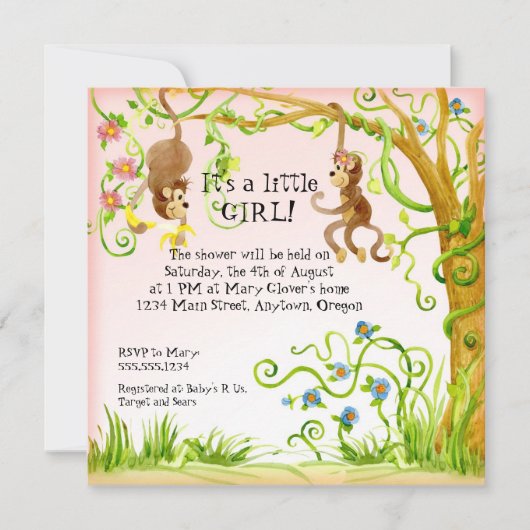 Lil Monkey, Meisje Baby shower Uitnodiging (Voorkant)
