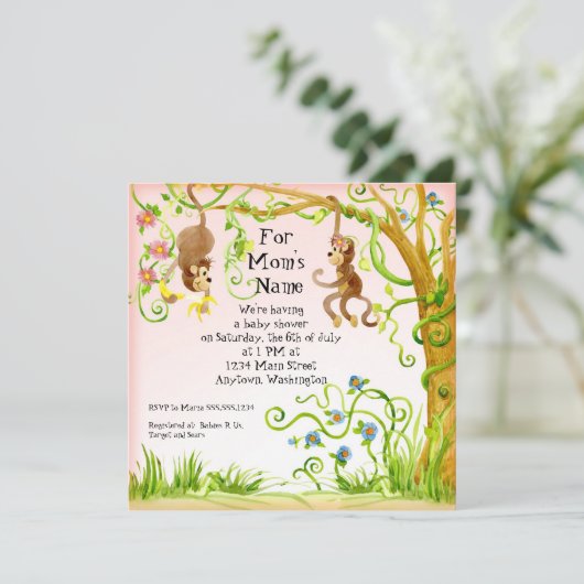 Lil Monkey, Meisje Baby shower Uitnodiging (Staand voorkant)