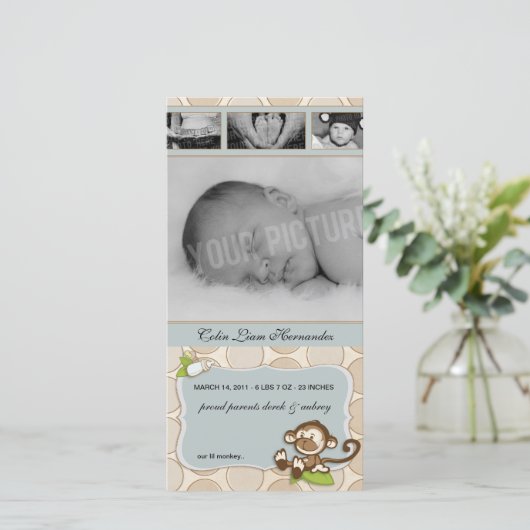 Lil Monkey Nieuwe Baby Geboorte Aankondigingen (Staand voorkant)