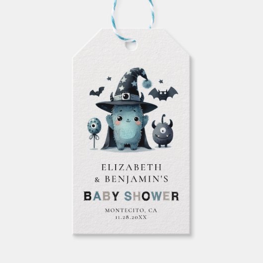 Lil' Monster Fall Halloween Blue Coed Baby Shower Cadeaulabel (Voorkant)