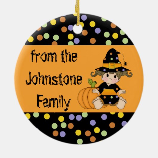 Lil Polka Dot Witch met pompoen Keramisch Ornament (Achterkant)