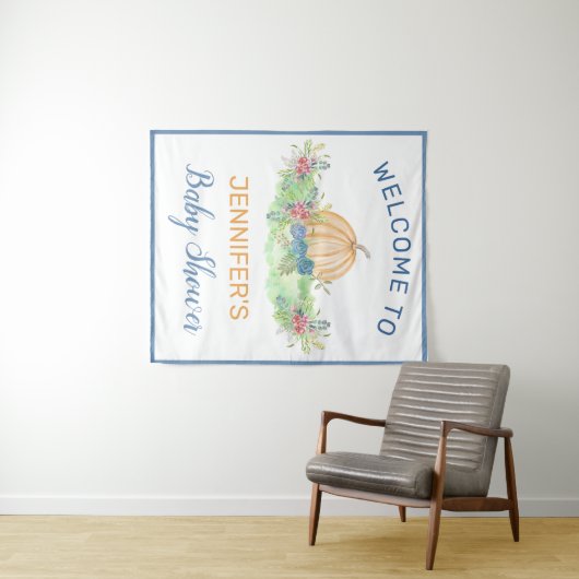 Lil' Pumpkin Blue Herfst Floral Baby shower Welcom Wandkleed (In Situ (horizontaal))