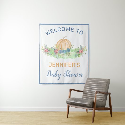 Lil' Pumpkin Blue Herfst Floral Baby shower Welcom Wandkleed (In situ)