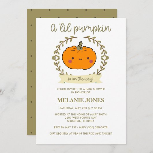 Lil Pumpkin Herfst Halloween Baby shower Uitnodigi Kaart (Voorkant / Achterkant)
