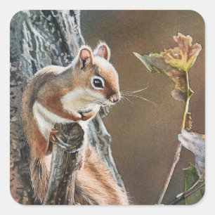 Lil Rode Eekhoorn Eiken Herfst Waterverf Kunst Vierkante Sticker