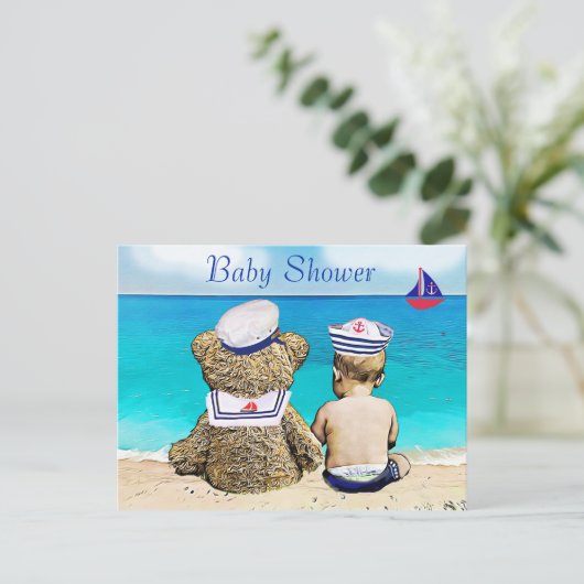 Lil' Sailor en Teddy Bear Baby shower Briefkaart (Staand voorkant)