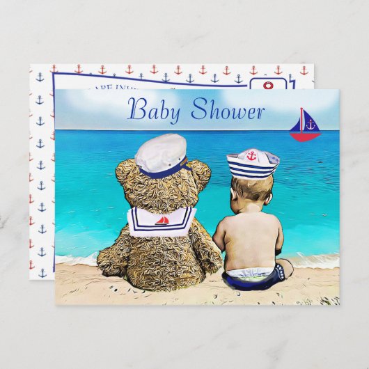Lil' Sailor en Teddy Bear Baby shower Briefkaart (Voorkant / Achterkant)