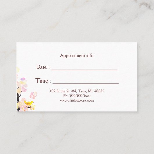 Lil Sakura Vogelmassage + Spa Afspraakkaart Afsprakenkaartje (Achterkant)