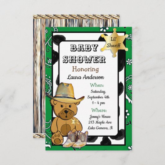 Lil' Sheriff Teddy Bear Cowboy Baby shower Kaart (Voorkant / Achterkant)