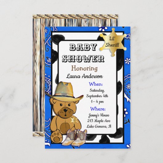 Lil' Sheriff Teddy Bear Cowboy Baby shower Kaart (Voorkant / Achterkant)