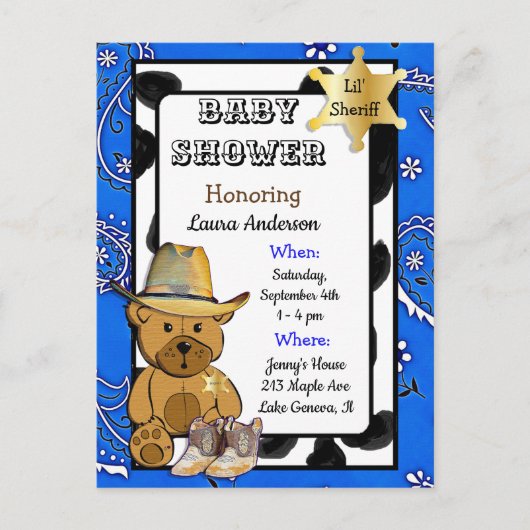 Lil Sheriff Teddy Bear Cowboy Baby shower Uitnodig Uitnodiging Briefkaart (Voorkant)