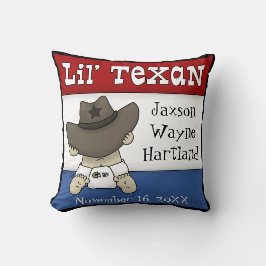 Lil’ Texan gepersonaliseerde naam en geboortedatum Kussen (Voorkant)