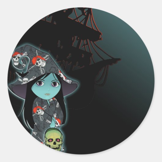 Lil 'Witch in Pirate Skull Robe Halloween Ronde Sticker (Voorkant)