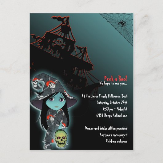 Lil 'Witch in Pirate Skull Robe Halloween Uitnodig Uitnodiging Briefkaart (Voorkant)