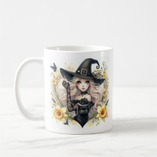 Lil Witch with Black Cat  daffodils Coffee Mug Koffiemok