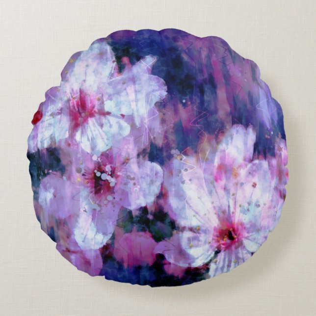 Lila amandelbloesem Waterverf Rond Kussen (Voorkant)