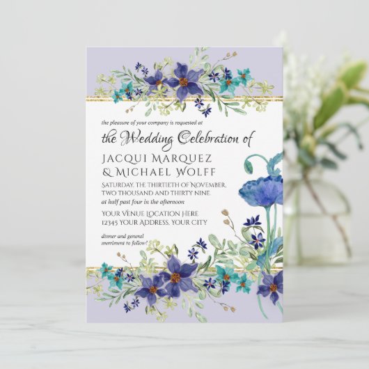 Lila Aqua Blue Waterverf Poppy Floral Wedding Kaart (Staand voorkant)