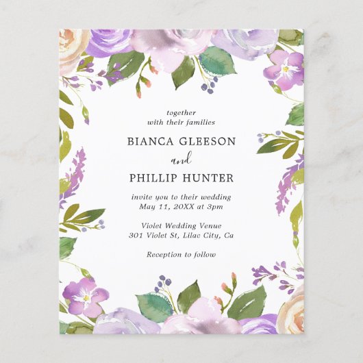 Lila aquarel bloem budget bruiloft uitnodiging (Voorkant)