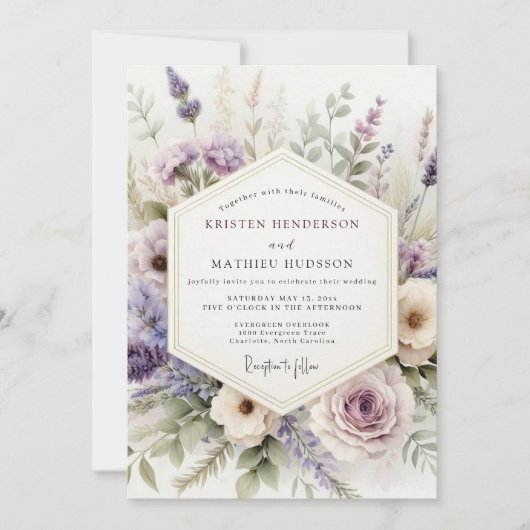 Lila Aquarel Bloemen Bruiloft Kaart (Voorkant)