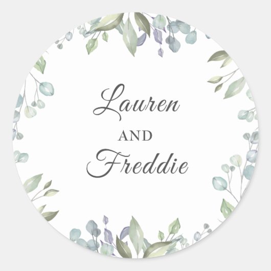 Lila aquarel bloemenbruiloft gunst ronde sticker (Voorkant)