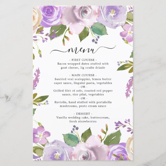 Lila aquarel bloemige elegante trouwmenu (Voorkant)