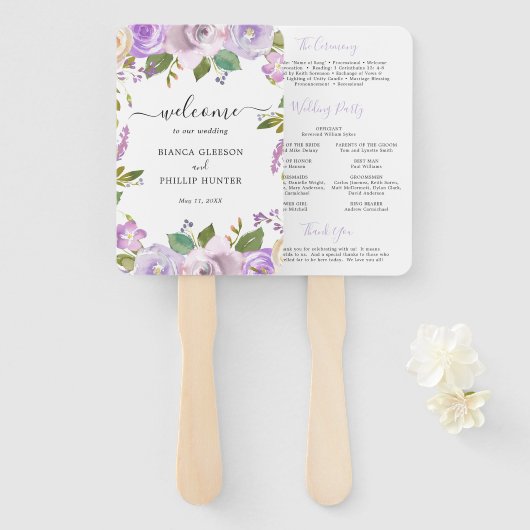 Lila aquarel bloemrijke elegante trouwprogramma handwaaier (Voorkant en achterkant)