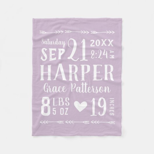 Lila Baby Meisje Geboortestatistieken Keepsake Fleece Deken (Voorkant)