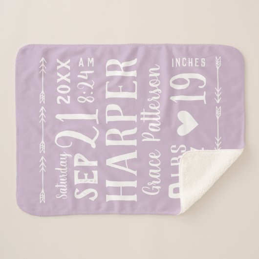Lila Baby Meisje Geboortestatistieken Keepsake Sherpa Deken (Voorkant (horizontaal))