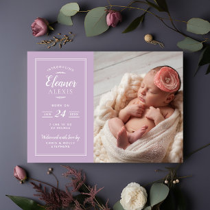 Lila Baby Meisje Magnetische Foto Geboorte Aankond Uitnodiging